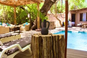 Eine Vase steht auf einem Baumstumpf neben einem Pool. in der Unterkunft Hotel Jireh in San Pedro de Atacama