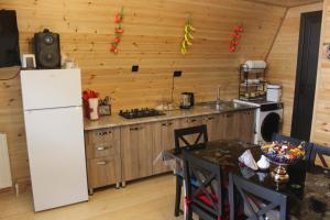 a kitchen with a refrigerator and a table at Zaga Cottage in Kazbegi
