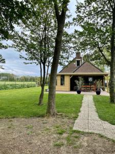 a yellow house with a bench in front of it at 6 - Persons Forest 223 Bungalow in Ewijk
