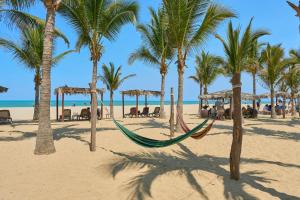 a hammock on a beach with palm trees at Casa Andina Select Zorritos Tumbes in Zorritos