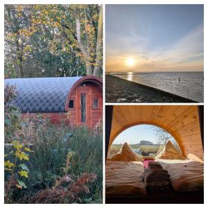 a collage of three pictures with a tent and a lake at Die Kirsche in Holtgast