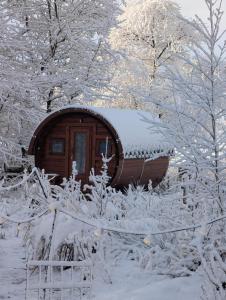 a cabin in the snow with snow covered trees at Die Kirsche in Holtgast