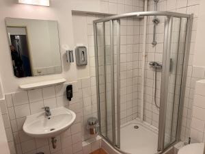 a bathroom with a shower and a sink at Pension Alpha in Frankfurt +43 photos