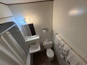 a small bathroom with a toilet and a sink at Airport Chalet in Whitehorse
