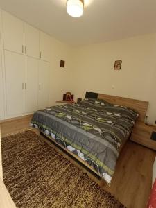 a bedroom with a large bed and a rug at Νύμφη Ηχώ, Θέα στα βουνά κάτω από το Ρολόι in Dimitsana