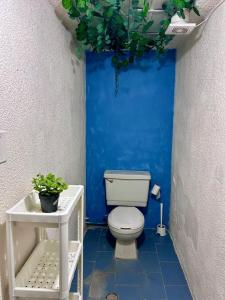 a bathroom with a toilet and a blue wall at Cómodo departamento en zona céntrica de Puebla in San Baltasar