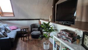 a living room with a couch and a tv at Altmarkliebe Ferienhaus mit Garten für Familien & Hund in Gardelegen