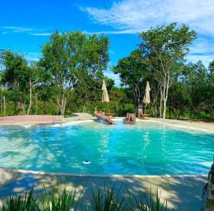 a swimming pool with people in the water at Pousada Vereda Encantada in São Félix do Tocantins