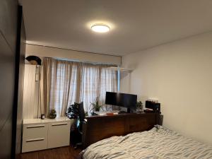 a bedroom with a bed and a television and a window at Zürich 8008 Appartement in Zurich