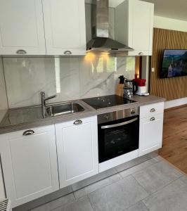 a kitchen with white cabinets and a sink at Mountain View Apartment in Kandersteg