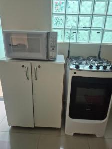 a microwave oven and a stove in a kitchen at Casa Central Super Conforto 78 in Ponta Grossa