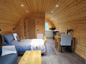 a room with a bed and a table and a kitchen at Lodge 3 in Llanelli