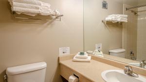 a bathroom with a toilet and a sink and a mirror at Cahilty #231 home in Sun Peaks