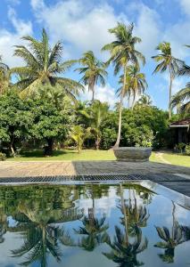 a pool with palm trees and a fountain at Valampuri Kite Resort in Kalpitiya