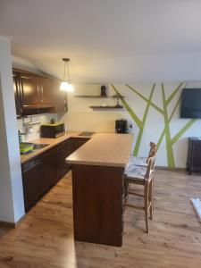 a kitchen with wooden cabinets and a table with a counter at Apartament Kleopatra in Limanowa