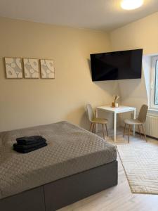 a bedroom with a bed and a table and a flat screen tv at SchaeBu! 7 Apartment Work and Travel am Altmarkt in Cottbus