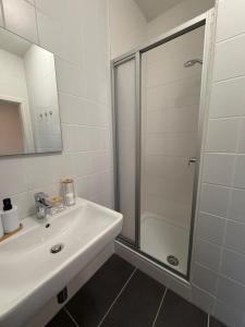 a white bathroom with a shower and a sink at SchaeBu! 7 Apartment Work and Travel am Altmarkt in Cottbus