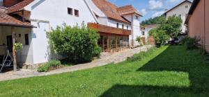 a yard of a house with green grass at Vila Studio Rasnov cu ciubar si sauna in Râşnov