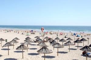 a beach with many umbrellas and people on it at Blue House - double bed in Almada