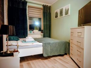 a small bedroom with a bed and a window at APaRTAMENT MOUTAIN SKY in Świeradów-Zdrój