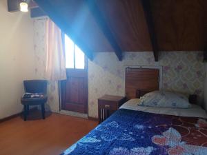 a bedroom with a bed with a blue blanket and a window at Maldito Pez Bed & Breakfast in Valparaíso