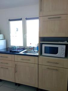a kitchen with a microwave and a sink at Studio confortable au calme - Terrasse privative in Labergement-Foigney +2 photos
