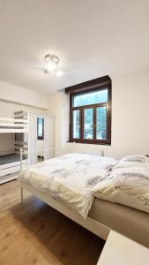 a bedroom with a large bed with a window at Palazzo Piccolo in Cave del Predil