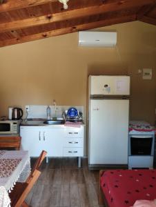 a kitchen with a white refrigerator and a sink at Hospedaje Cabaña Completa in Rivera