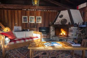 a living room with a couch and a fireplace at Chalet Le Zirizui - Authentique refuge alpin avec vue imprenable in Liddes