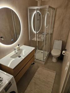 a bathroom with a shower and a sink and a toilet at Cozy House in Tromsø - Near City Center, Ideal for Families & Groups in Tromsø +10 photos