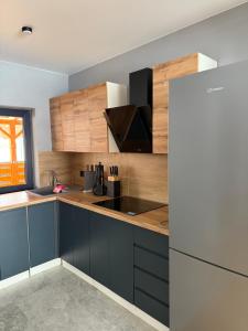 a kitchen with blue cabinets and a sink at Fangorn in Lazeshchyna