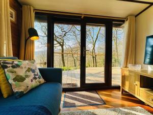 a living room with a blue couch and a sliding glass door at 2 Bed in Ambleside oc-75731 in Grasmere