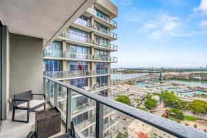 an apartment balcony with a view of a city at Bay Views Studio in Miami