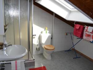 a bathroom with a toilet and a sink and a shower at Apartment Wohnung Rustique by Interhome in Chevenez +14 photos