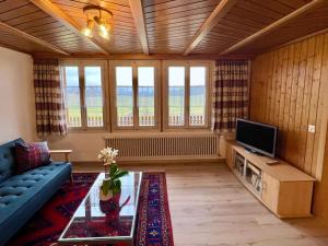 a living room with a blue couch and a tv at Apartment Chalet Hulda by Interhome in Heimenschwand