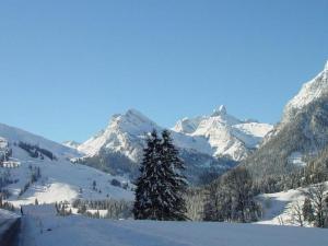 a snow covered mountain range with a tree in the foreground at Apartment Appartement Eggmatte by Interhome in Grimmialp