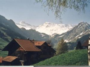 a house on a hill with mountains in the background at Apartment Frohmatt by Interhome in Adelboden