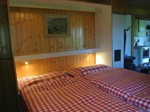 a bedroom with two beds with a checkered blanket at Apartment Huusli by Interhome in Axalp