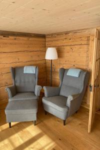 two chairs and a lamp in a room with wooden walls at Apartment Alpenruh by Interhome in Gadmen