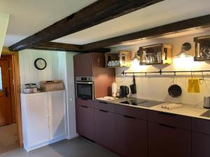 a kitchen with purple cabinets and a white refrigerator at Apartment Lungern by Interhome in Lungern