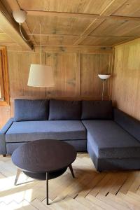 a living room with a blue couch and a table at Apartment Lungern by Interhome in Lungern +10 photos