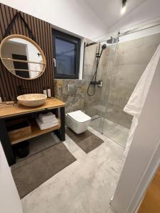 a bathroom with a shower and a toilet and a sink at Cozy Cribs Rasnov in Râşnov +32 photos