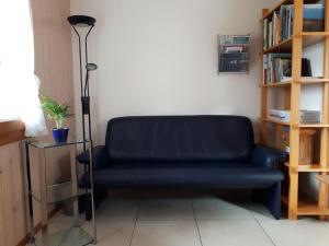 a blue couch in a room with a book shelf at Apartment Gmünde by Interhome in Schüpfheim