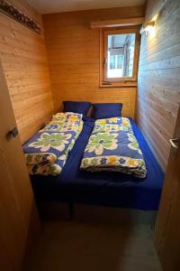 a bed in a small room with blue sheets at Apartment Rothornblick by Interhome in Sörenberg +11 photos