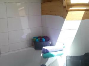 a bathroom with two towels and a basket of tools at Apartment S'Ottä by Interhome in Sattel