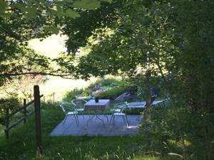 a patio with a table and chairs in the grass at Apartment be und mee by Interhome in Rigi Kaltbad