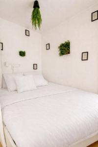 a white bedroom with two beds and plants on the wall at Vue imprenable sur les Alpes et Parking privé gratuit in Crans-Montana