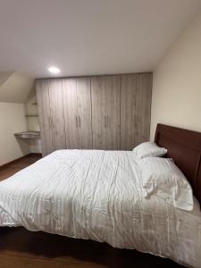 a bedroom with a large bed and wooden cabinets at Suite ejecutiva con Parqueo Privado in Latacunga