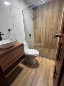 a bathroom with a toilet and a sink and a shower at Suite ejecutiva con Parqueo Privado in Latacunga +9 photos