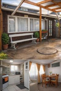 two pictures of a patio with a bench and a table at Cabaña El Quijote in Valdivia